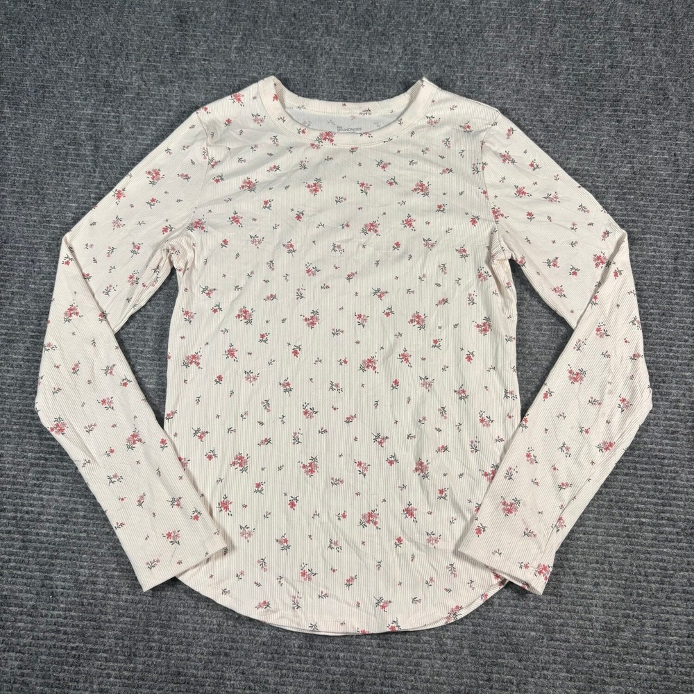 No Boundaries Ribbed Floral Top Womens Medium Cream Excellent Long Sleeve